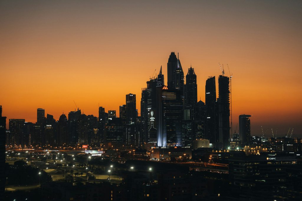 Dubai skyline at sunset